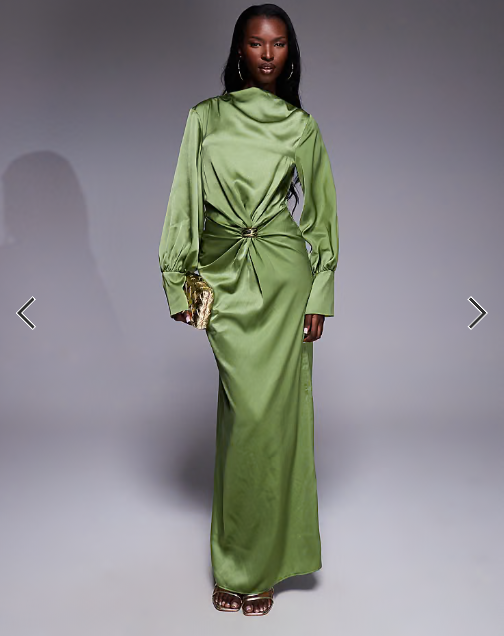 ASOS DESIGN twist front bias satin maxi dress with gold hardware in olive green