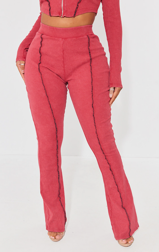 Shape Burgundy Soft Rib Seam Detail Flare Pants