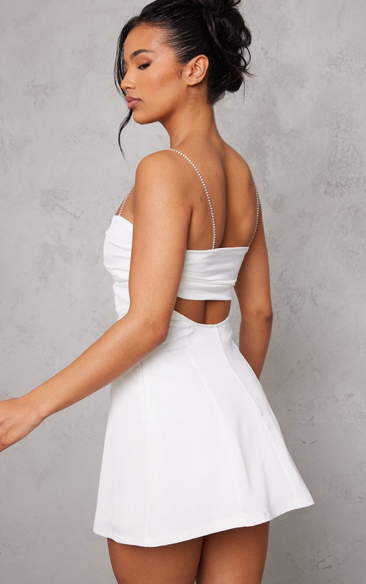 White Satin Diamante Strap Button Detail Bodycon Dress