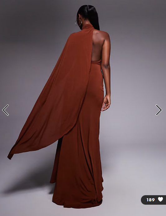 TFNC one shoulder maxi dress with cape back in coffee brown