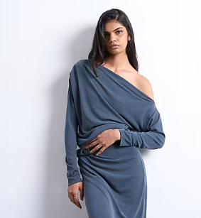 Topshop cupro long sleeve bardot twist detail top co-ord in charcoal grey