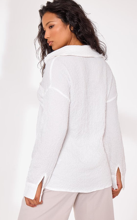 White Textured Pocket Front Oversized Shirt