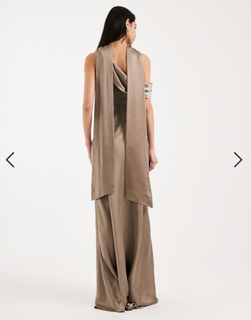 Six Stories Bridesmaid satin scarf detail one shoulder maxi dress in mocha