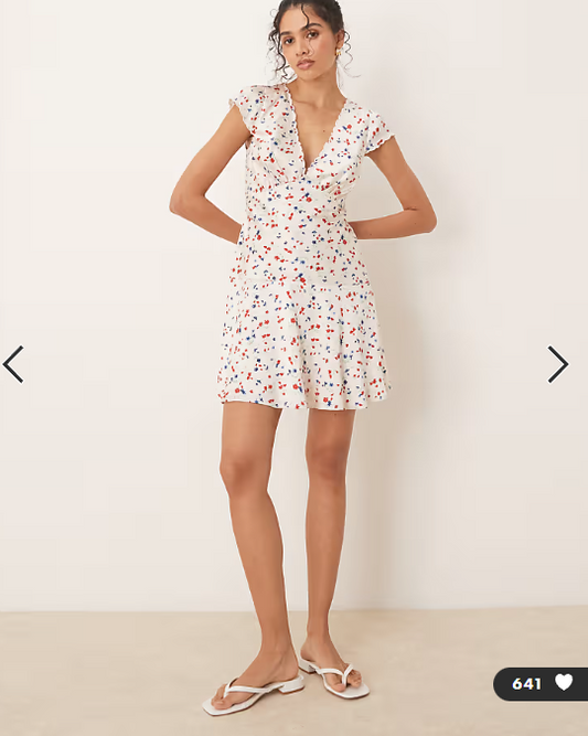 ASOS DESIGN satin flippy mini dress with scallop trim in ditsy floral