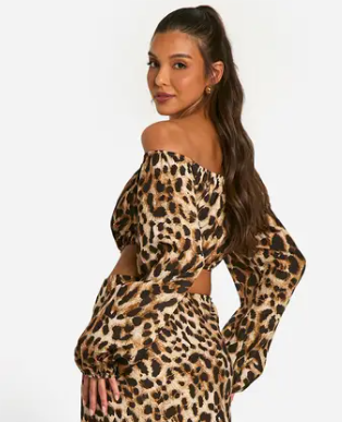 boohoo Hammered Leopard Volume Sleeve Crop & Bias Maxi Skirt
