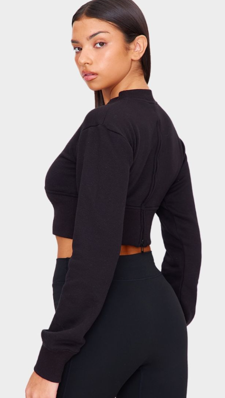 Black Rib Cinched Waist Detail Cropped Sweatshirt