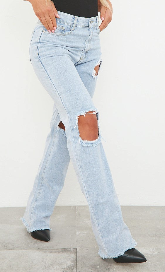 Light Blue Wash Ripped High Waist Straight Leg Jeans