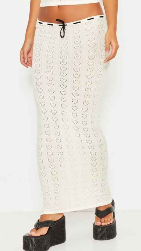 Petite Cream Pointelle Knit Maxi Skirt With Contrast Trim
