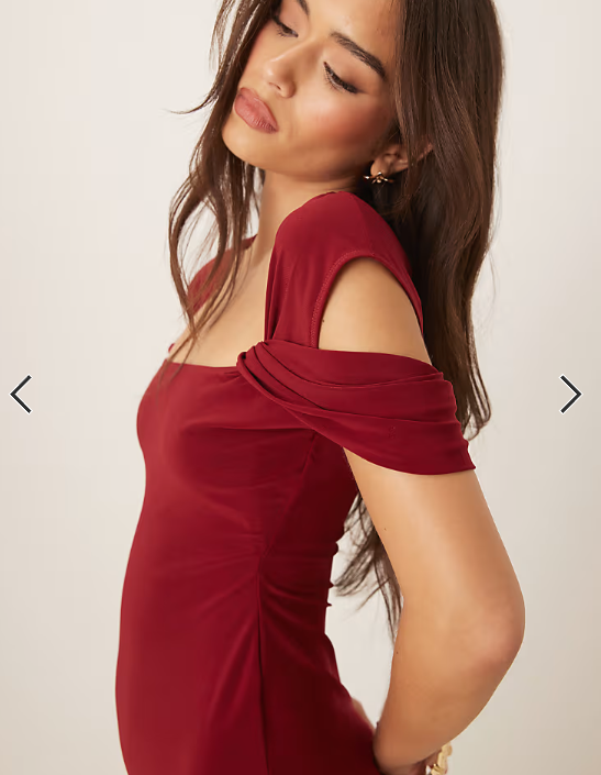 ASOS DESIGN twist shoulder midi dress in burgundy