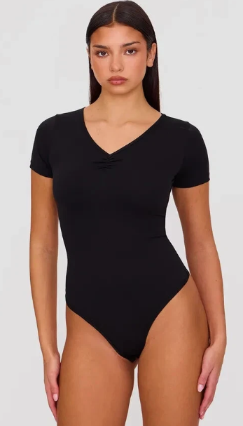 PrettyLittleThing Black Sculpt Gathered Short Sleeve Bodysuit