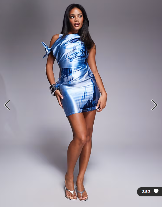 Asos - stretch satin draped knot detail mini dress in abstract print