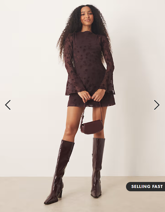 ASOS DESIGN flocked floral mini dress with flute sleeve in chocolate brown