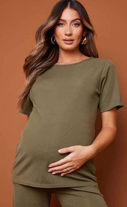 Maternity Olive Rib Oversized Short Sleeved T Shirt