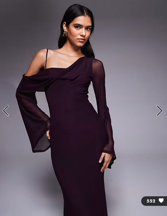 ASOS DESIGN mesh folded neckline midi dress with fallen shoulder in plum