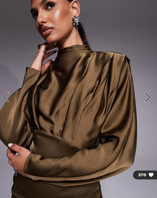 TFNC satin high neck fold over detail maxi dress in olive