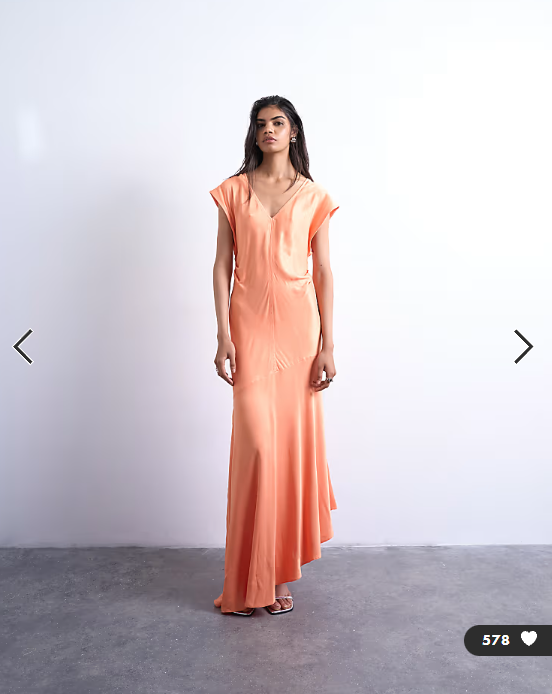 Topshop deep v tucked side satin maxi dress in peach