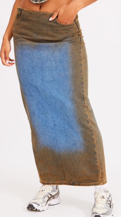 Plt - Indigo Blue Wash Overdyed Denim Midi Skirt