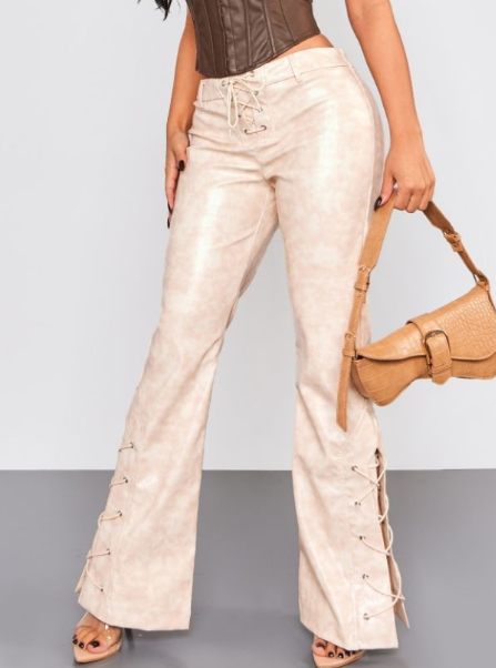 Plt - Petite Beige Faux Leather Lace Up Leg Trousers