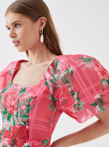 Organza Pencil Dress With Puff Sleeve