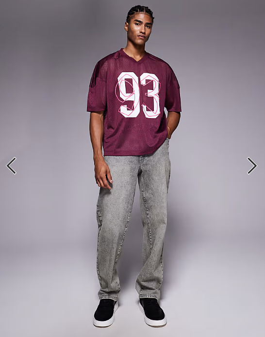 ASOS DESIGN boxy oversized T-shirt with dropped shoulder and v neck with sports graphic in burgundy airtex .