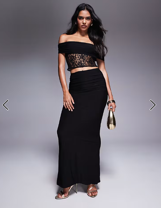 Missyempire slinky deep bardot lace top and maxi skirt co-ord in black