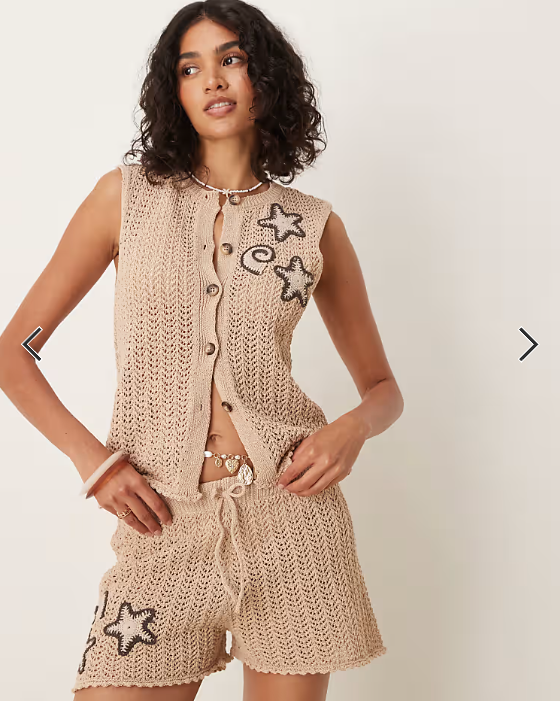 ASOS DESIGN knitted waistcoat co-ord with crochet shells in brown