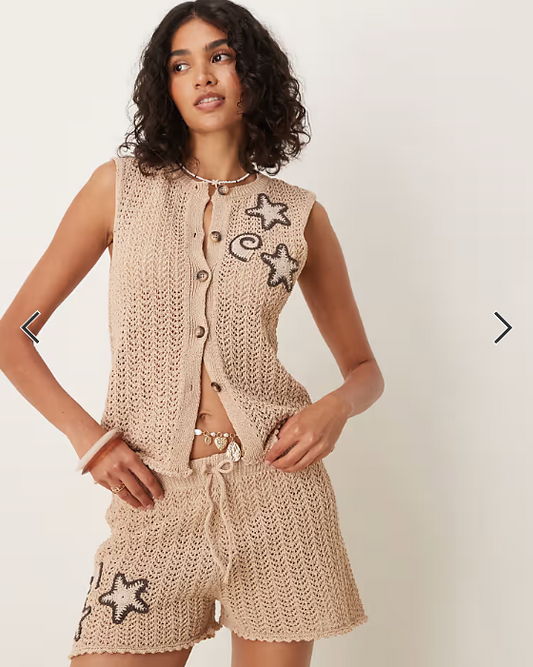 ASOS DESIGN knitted waistcoat co-ord with crochet shells in brown