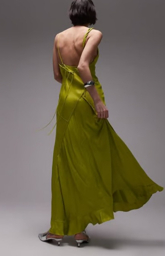Topshop twist shoulder exposed seam midi slip dress in lime green