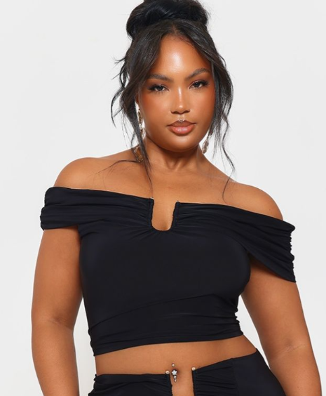 Plus Black Slinky Gold Trim Detail Bardot Top