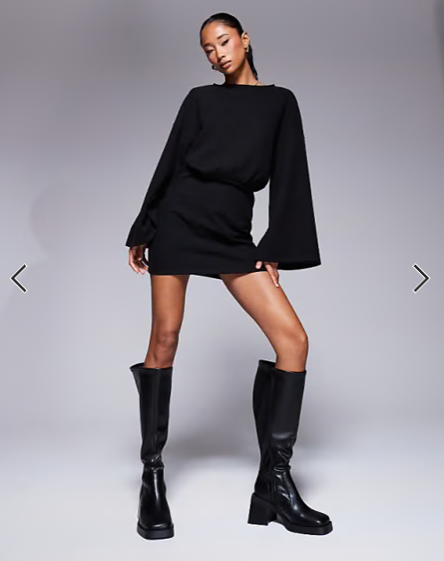 ASOS DESIGN supersoft wide long sleeve blouson mini dress in black