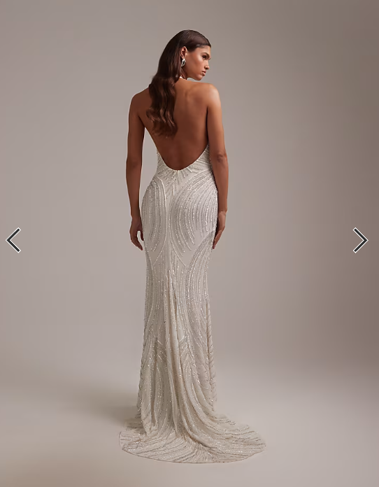 ASOS DESIGN linear beaded open back halter maxi wedding dress in white