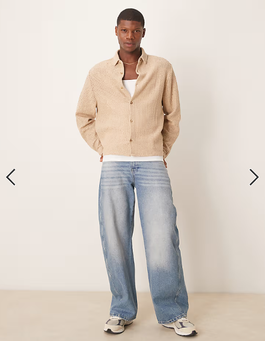 ASOS DESIGN boxy oversized shirt with knitted textured in stone
