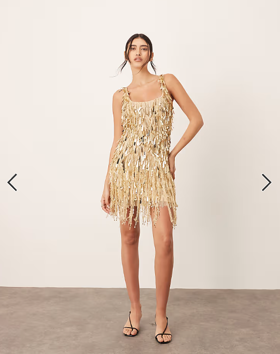 ARRANGE embellished fringe hem scoop neck mini dress with in gold