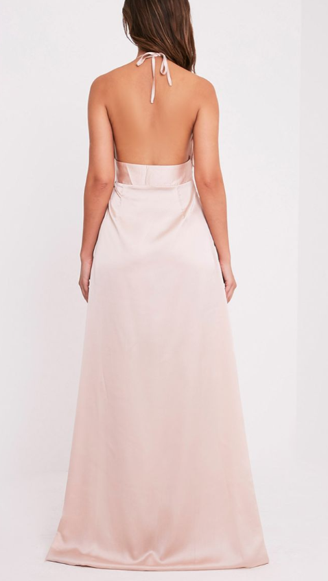 Lucie Champagne Silky Plunge Extreme Split Maxi Dress