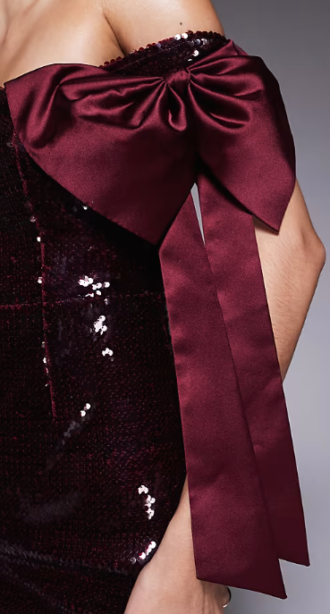 Asos - Kaiia exclusive sequin off shoulder oversized bow detail maxi dress in burgundy