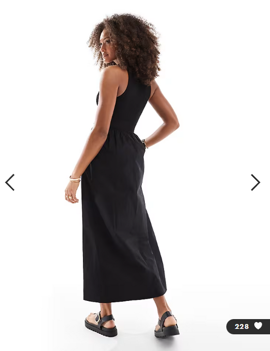 ASOS DESIGN racer neck crinkle bodice poplin skirt midi dress in black