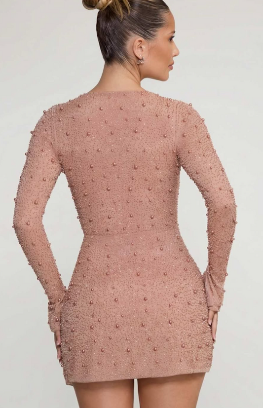 OhPolly-Embellished Wrap Over A-Line Mini Dress in Beige