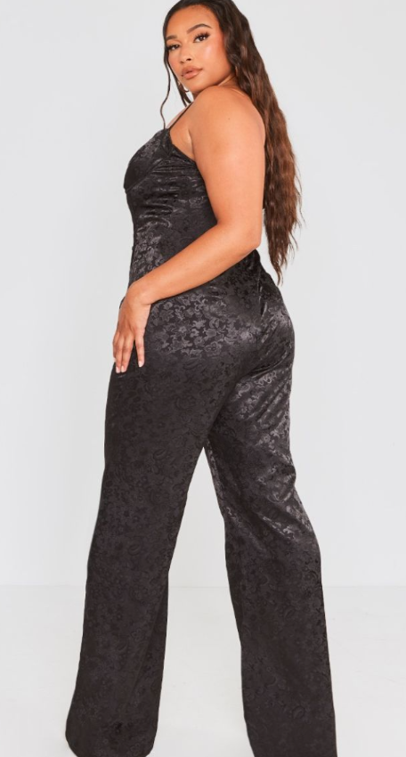 Plt - Plus Black Jacquard Lace Up Corset Jumpsuit