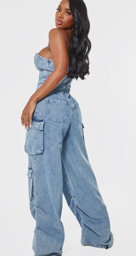 Shape Vintage Mid Wash Denim Bandeau Lace Up Front Wide Leg Jumpsuit