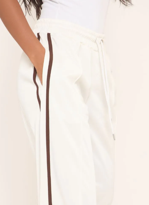 Mid Rise Tie Waist Detail Contrast Side Stripe Joggers In Cream
