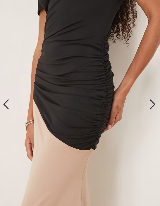ASOS DESIGN hybrid fallen shoulder maxi dress in beige and black