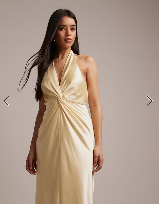 Six Stories Bridesmaids satin plunge neck knot detail maxi dress in lemon