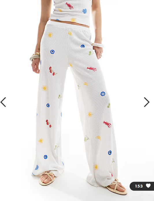 ASOS DESIGN straight leg trouser co-ord with holiday embroidered in white
