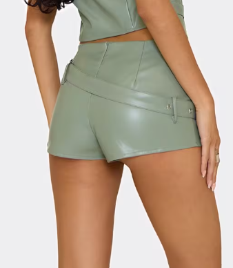 Ego - Mid Rise Belt Detail Shorts In Sage Green Faux Leather