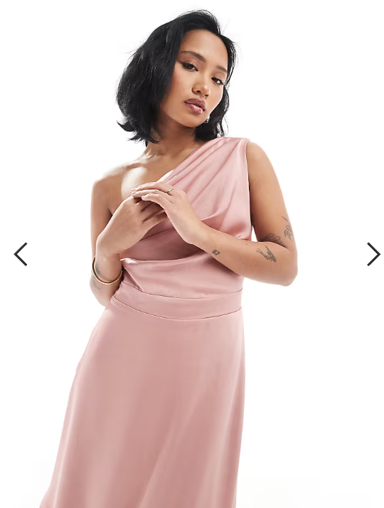 TFNC Petite Bridesmaid one shoulder satin maxi dress with wrap skirt in dusky pink