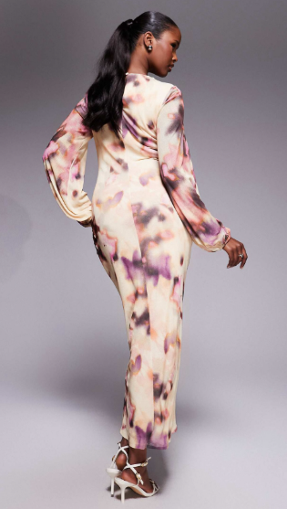 Asos - Long Sleeve Twist Neck Detail Midi Dress in multicolor