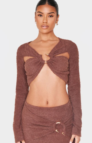 Chocolate Fluffy Textured Trim Detail Crop Top
