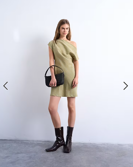 Topshop cinched waist grown on neck mini dress in green stripe