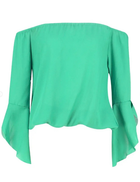 Boohoo - Green Fluted Frill Sleeve Off The Shoulder Top