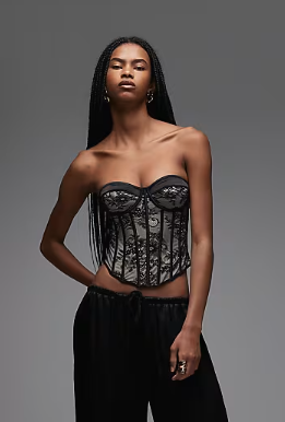 ASOS DESIGN lace mix detail cupped corset top with boning in black
